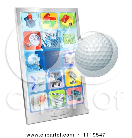 Clipart Of A 3d Golf Ball Flying Through And Breaking A Cell Phone Screen - Royalty Free Vector Illustration by AtStockIllustration
