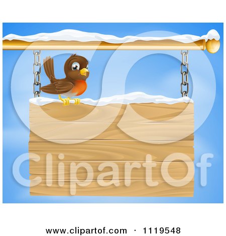 Clipart Of A Happy Robin Bird With Snow On A Wood Sign Against The Sky - Royalty Free Vector Illustration by AtStockIllustration
