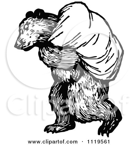 Clipart Of A Retro Vintage Black And White Bear Carrying A Sack - Royalty Free Vector Illustration by Prawny Vintage