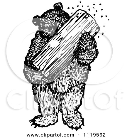 Clipart Of A Retro Vintage Black And White Bear Eating Honey From A Log - Royalty Free Vector Illustration by Prawny Vintage