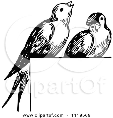 Clipart Of Retro Vintage Black And White Birds Perched On A Sign - Royalty Free Vector Illustration by Prawny Vintage