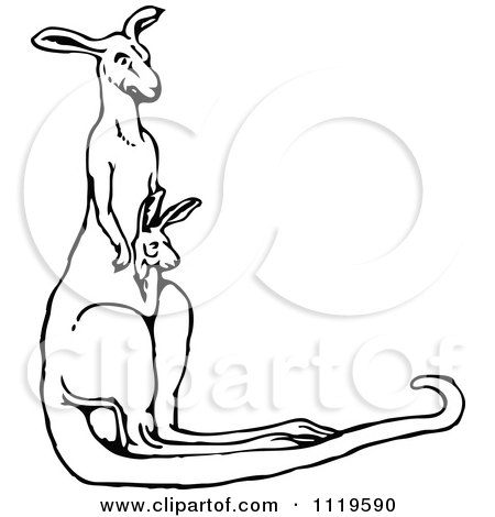 Clipart Of A Retro Vintage Black And White Kangaroo And Joey - Royalty Free Vector Illustration by Prawny Vintage