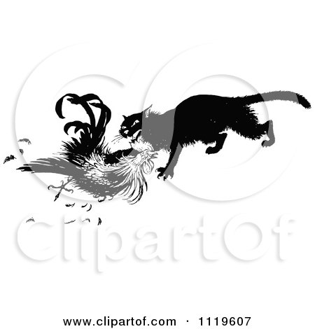 Clipart Of A Retro Vintage Black And White Cat Killing A Chicken - Royalty Free Vector Illustration by Prawny Vintage