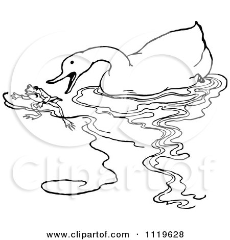 Clipart Of A Retro Vintage Black And White Duck Chasing A Frog - Royalty Free Vector Illustration by Prawny Vintage