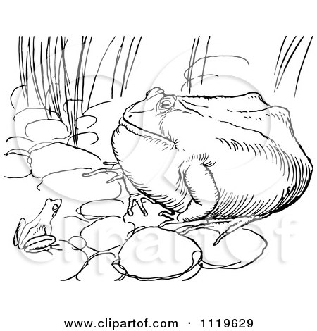 Clipart Of A Retro Vintage Black And White Chubby Frog - Royalty Free Vector Illustration by Prawny Vintage