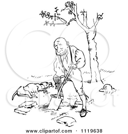 Clipart Of A Retro Vintage Black And White Man Digging A Grave For His Dead Dog - Royalty Free Vector Illustration by Prawny Vintage