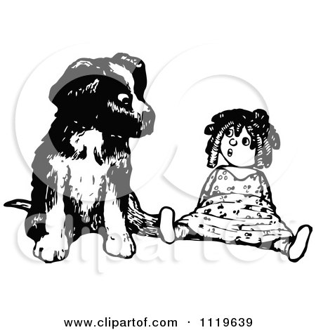 Clipart Of A Retro Vintage Black And White Puppy Sitting With A Doll - Royalty Free Vector Illustration by Prawny Vintage