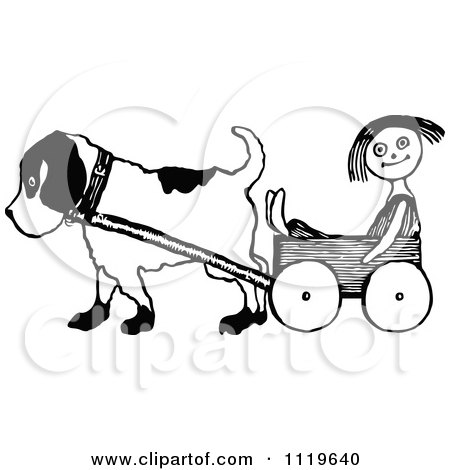 Clipart Of A Retro Vintage Black And White Dog Pulling A Doll In A Wagon - Royalty Free Vector Illustration by Prawny Vintage