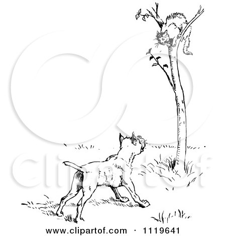 Clipart Of A Retro Vintage Black And White Dog Barking At A Cat In A Tree - Royalty Free Vector Illustration by Prawny Vintage