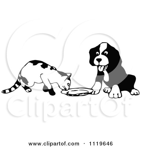 Clipart Of A Retro Vintage Black And White Cat And Dog At A Saucer - Royalty Free Vector Illustration by Prawny Vintage