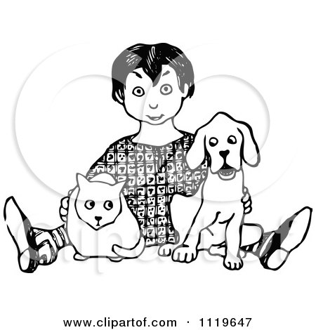 Clipart Of A Retro Vintage Black And White Boy Sitting With A Cat And Dog - Royalty Free Vector Illustration by Prawny Vintage