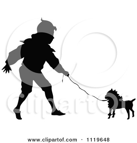 Clipart Of A Black And White Silhouetted Boy Walking A Dog - Royalty Free Vector Illustration by Prawny Vintage