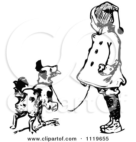 Clipart Of A Retro Vintage Black And White Girl Walking Her Dog - Royalty Free Vector Illustration by Prawny Vintage