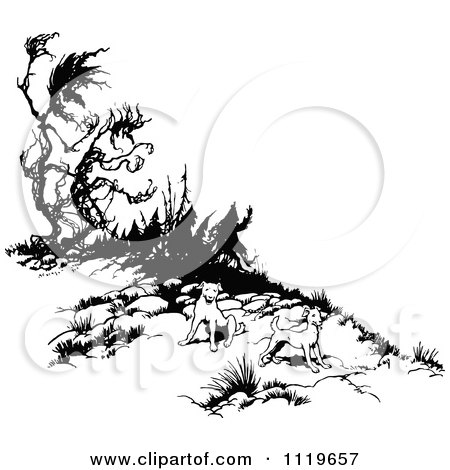 Clipart Of Retro Vintage Black And White Dogs On A Hill - Royalty Free Vector Illustration by Prawny Vintage