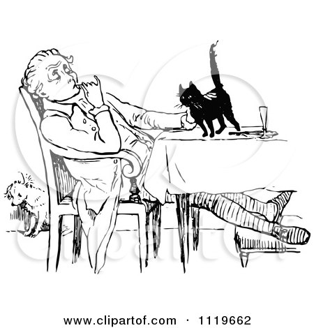 Clipart Of A Retro Vintage Black And White Man Petting A Cat On A Table - Royalty Free Vector Illustration by Prawny Vintage