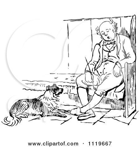 Clipart Of A Retro Vintage Black And White Man Sitting By A Dog - Royalty Free Vector Illustration by Prawny Vintage