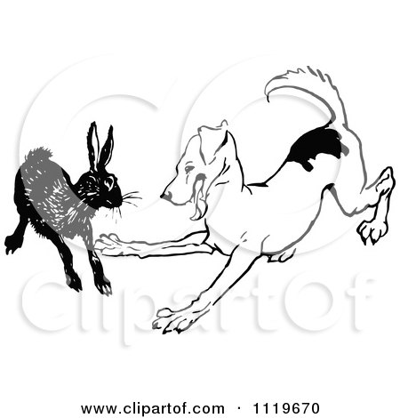 Clipart Of A Retro Vintage Black And White Dog Playing With A Rabbit - Royalty Free Vector Illustration by Prawny Vintage