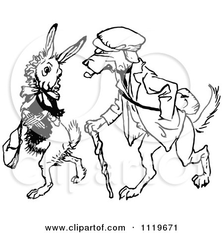 Clipart Of A Retro Vintage Black And White Dog Walking With A Rabbit - Royalty Free Vector Illustration by Prawny Vintage