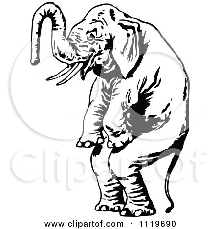 Clipart Of A Retro Vintage Black And White Standing Elephant - Royalty Free Vector Illustration by Prawny Vintage