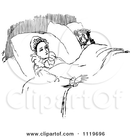 Clipart Of A Retro Vintage Black And White Lonely Wife In Bed By Her Husband - Royalty Free Vector Illustration by Prawny Vintage