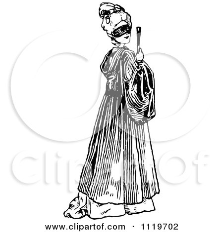 Clipart Of A Retro Vintage Black And White Masked Woman Holding A Fan - Royalty Free Vector Illustration by Prawny Vintage