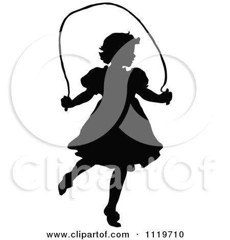 Clipart Of A Retro Vintage Black And White Silhouetted Girl Jumping Rope - Royalty Free Vector Illustration by Prawny Vintage