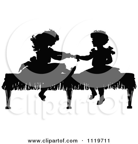 Clipart Of Retro Vintage Black And White Silhouetted Girls Playing On A Bench - Royalty Free Vector Illustration by Prawny Vintage
