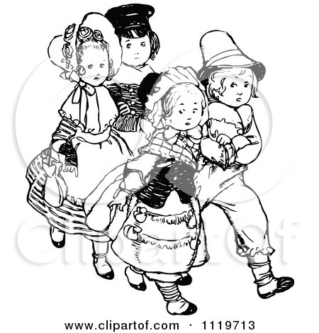 Clipart Of Retro Vintage Black And White Shy Children - Royalty Free Vector Illustration by Prawny Vintage