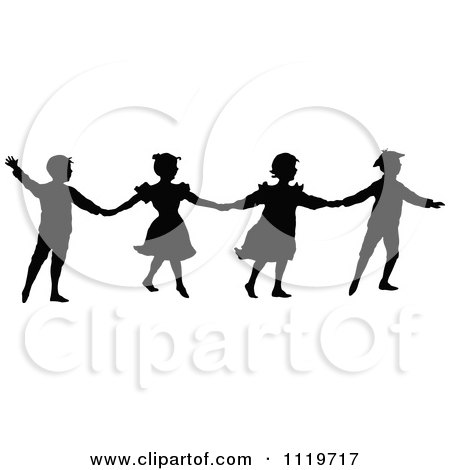 Clipart Of A Retro Vintage Silhouetted Children Holding Hands - Royalty Free Vector Illustration by Prawny Vintage