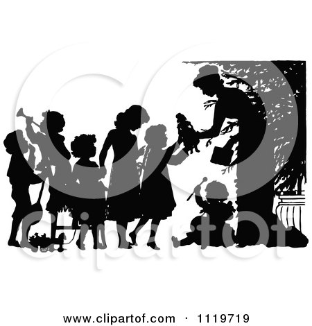 Clipart Of A Retro Vintage Silhouetted Woman Giving Christmas Toys To Children - Royalty Free Vector Illustration by Prawny Vintage