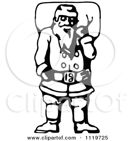 Clipart Of A Retro Vintage Black And White Santa Carrying His Christmas Sack 2 - Royalty Free Vector Illustration by Prawny Vintage