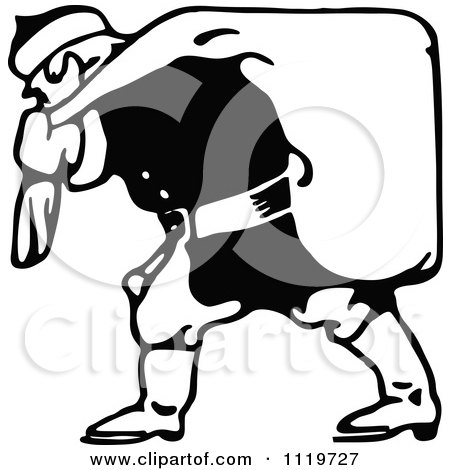 Clipart Of A Retro Vintage Black And White Santa Carrying His Christmas Sack 3 - Royalty Free Vector Illustration by Prawny Vintage