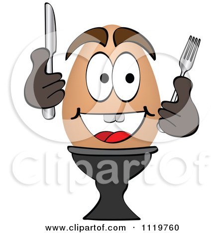 Cartoon Of A Happy Boiled Egg Holding Silverware 1 - Royalty Free Vector Clipart by Andrei Marincas