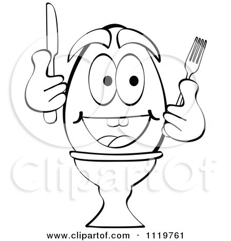Cartoon Of An Outlined Happy Boiled Egg Holding Silverware - Royalty Free Vector Clipart by Andrei Marincas