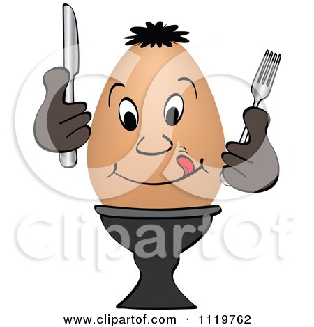 Cartoon Of A Happy Boiled Egg Holding Silverware 2 - Royalty Free Vector Clipart by Andrei Marincas