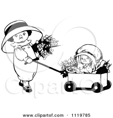 Clipart Of Retro Vintage Black And White Girls With Flowers A Rabbit And Wagon - Royalty Free Vector Illustration by Prawny Vintage