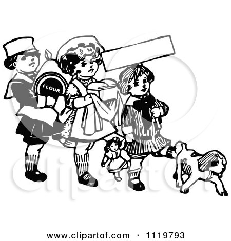 Clipart Of A Retro Vintage Black And White Kids With Flour Bread And A Dog - Royalty Free Vector Illustration by Prawny Vintage