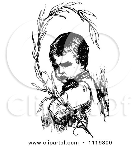 Clipart Of A Retro Vintage Black And White Sulking Boy And Branch - Royalty Free Vector Illustration by Prawny Vintage