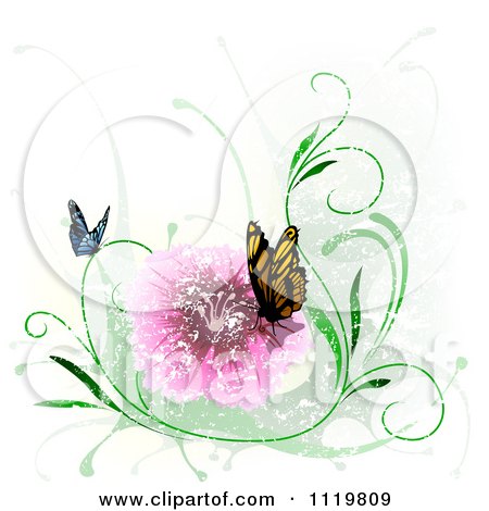 Clipart Of Butterflies With A Pink Flower And Grunge - Royalty Free Vector Illustration by dero