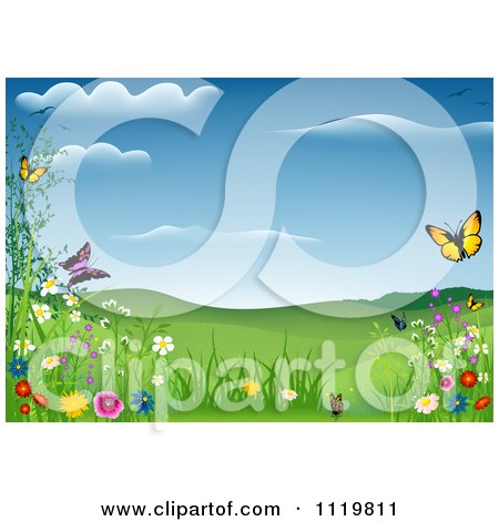 Clipart Of A Background Of Wild Flowers And Butterflies In A Spring Meadow - Royalty Free Vector Illustration by dero