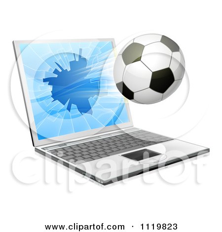 Clipart Of A Soccer Ball Flying Through And Shattering A 3d Laptop Screen - Royalty Free Vector Illustration by AtStockIllustration