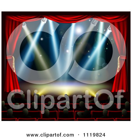 Clipart Of A Silhouetted Theater Audience Facing A Stage With Lights - Royalty Free Vector Illustration by AtStockIllustration