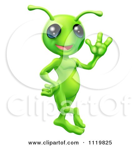 Cartoon Of A Friendly Green Alien Waving Hello - Royalty Free Vector Clipart by AtStockIllustration