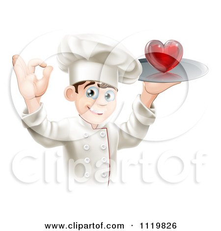 Cartoon Of A Happy Chef Gesturing Ok And Holding A Heart On A Platter - Royalty Free Vector Clipart by AtStockIllustration