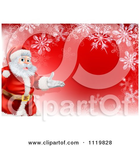 Clipart Of A Red Christmas Background With Santa Presenting And A Snowflake Border - Royalty Free Vector Illustration by AtStockIllustration