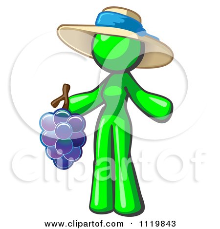 Cartoon Of A Lime Green Woman Vintner Wine Maker Wearing A Hat And Holding Grapes - Royalty Free Vector Clipart by Leo Blanchette