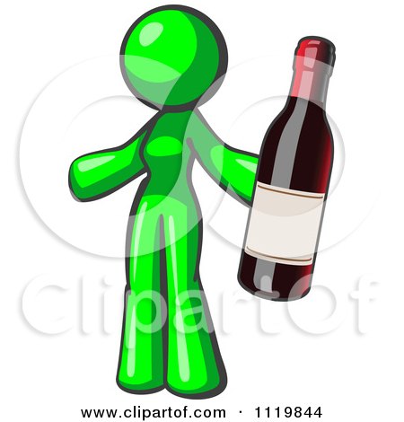 Cartoon Of A Lime Green Woman Vintner Holding A Bottle Of Red Wine - Royalty Free Vector Clipart by Leo Blanchette