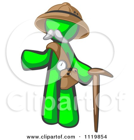 Cartoon Of A Lime Green Man Explorer With A Pack And Cane - Royalty Free Vector Clipart by Leo Blanchette