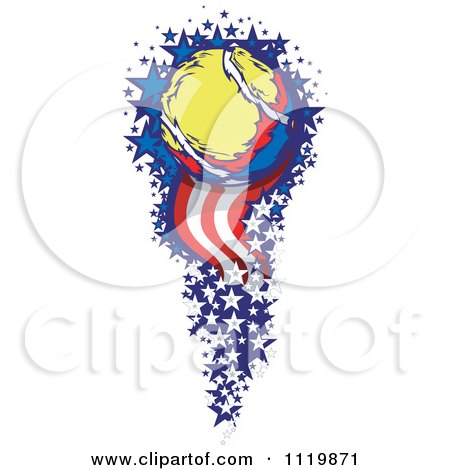 Clipart Of A Tennis Ball With A Trail Of American Stars And Stripes - Royalty Free Vector Illustration by Chromaco