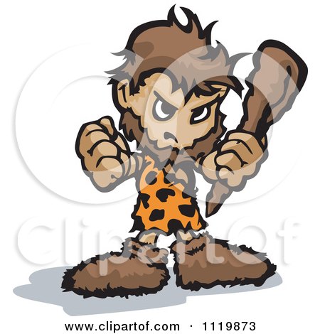 Cartoon Of A Tough Caveman Holding Up A Fist And Club - Royalty Free Vector Clipart by Chromaco